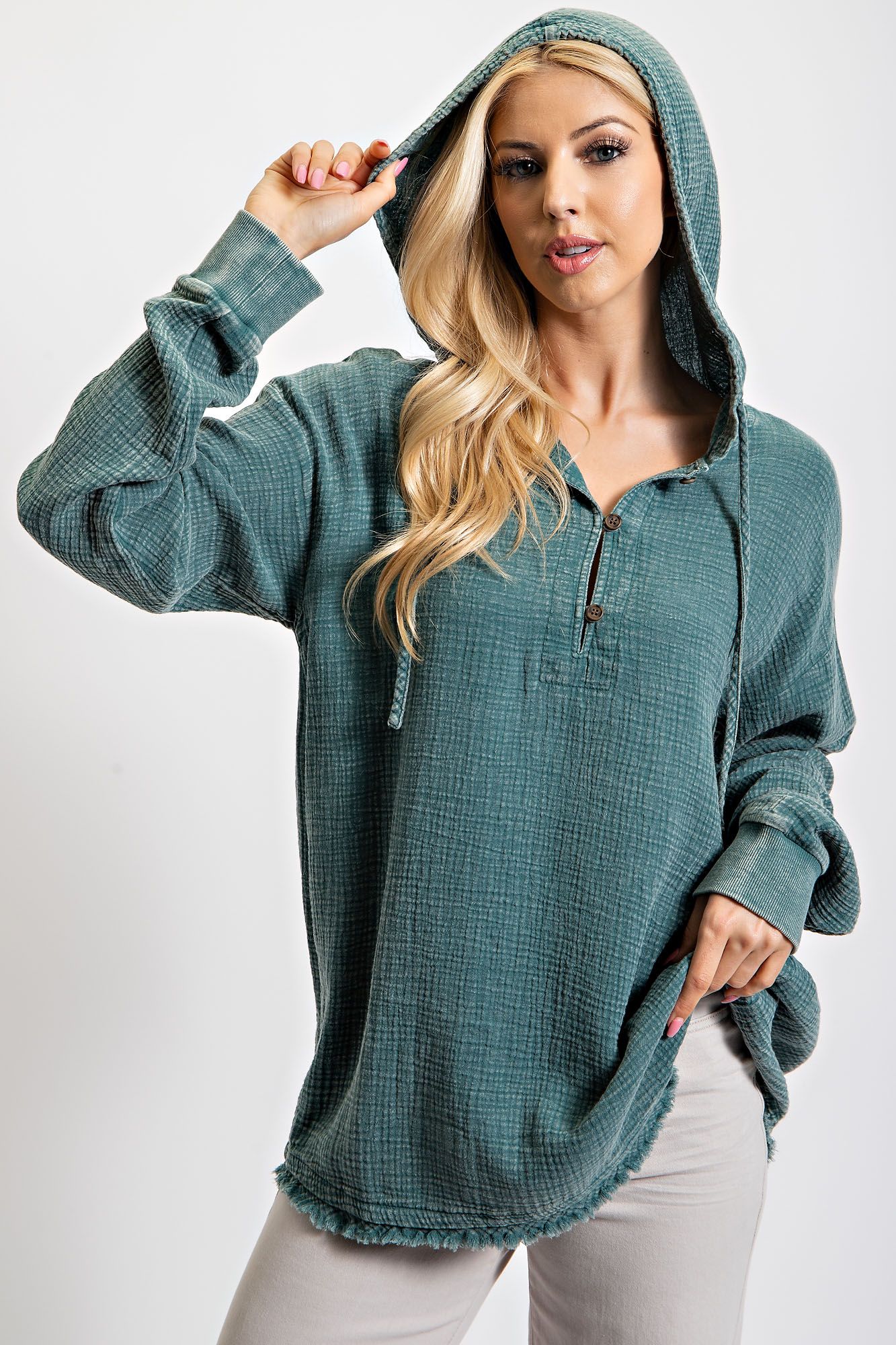 PLUS SIZE-WASHED COTTON GAUZE PULLOVER HOODIE in TEAL BLUE