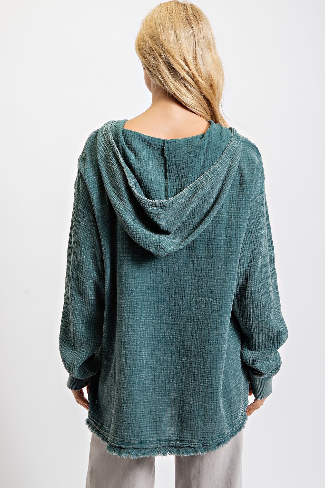 PLUS SIZE-WASHED COTTON GAUZE PULLOVER HOODIE in TEAL BLUE