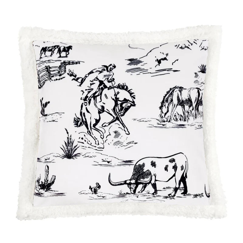 RANCH LIFE WESTERN TOILE CAMPFIRE SHERPA PILLOW in BLACK/WHITE