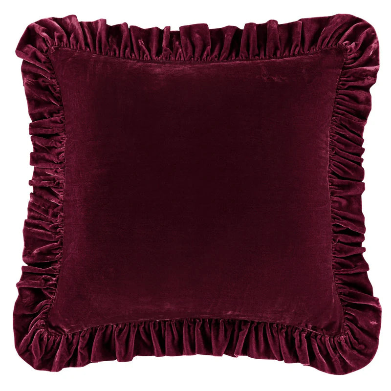 STELLA FAUX SILK VELVET RUFFLED EURO PILLOW SHAM in GARNET RED