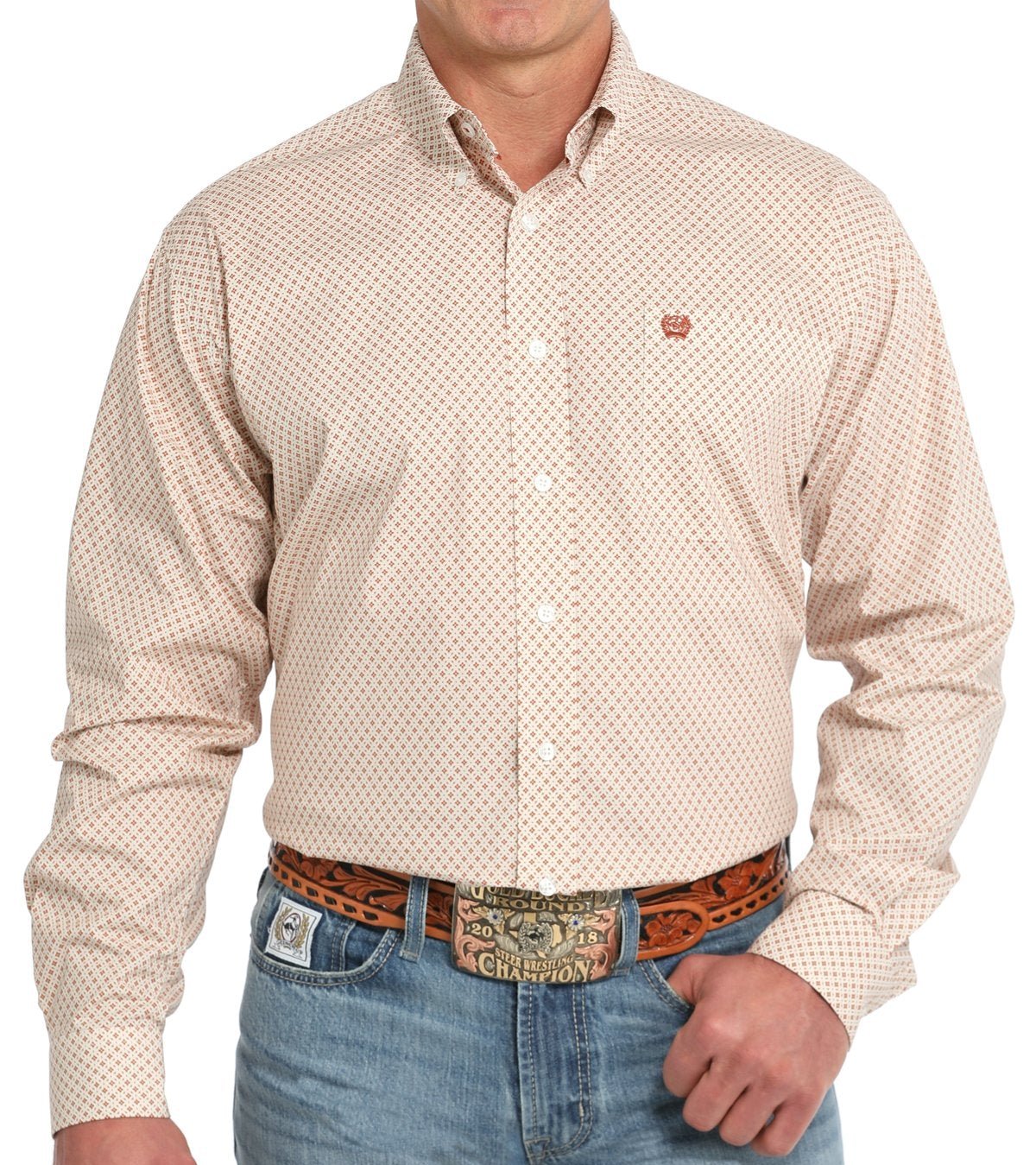 CINCH MEN'S GEO PRINT BUTTON DOWN LONG SLEEVE SHIRT - CREAM/ BRONZE