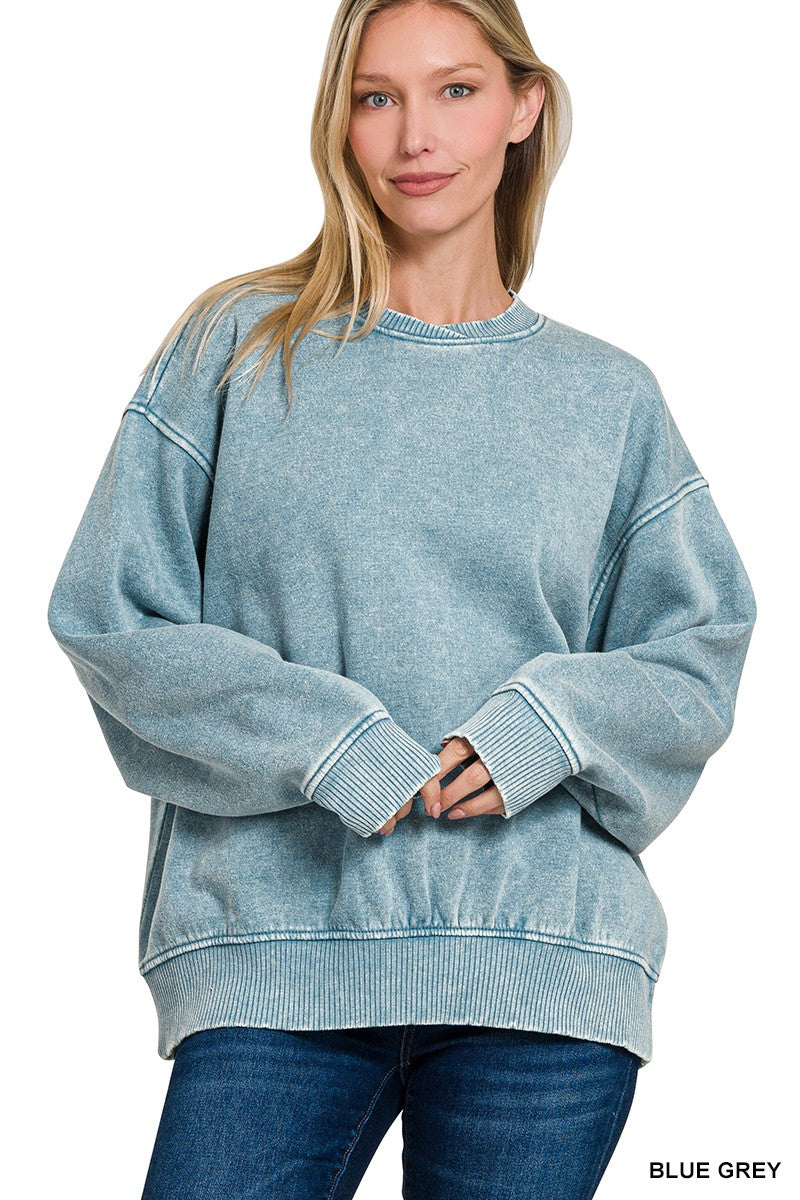 ACID WASH OVERSIZED FLEECE PULLOVER in BLUE GREY