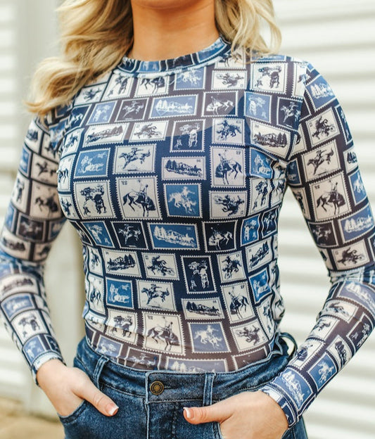 LADIES BLUE VINTAGE WESTERN COLLAGE PRINT LONG SLEEVE MESH TOP