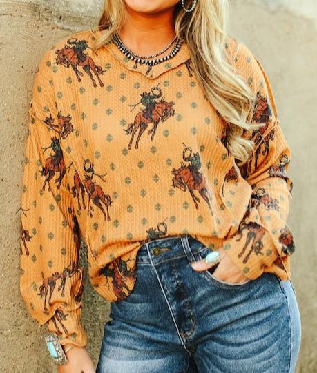 MUSTARD COWBOY PRINT V-NECK WAFFLE TOP