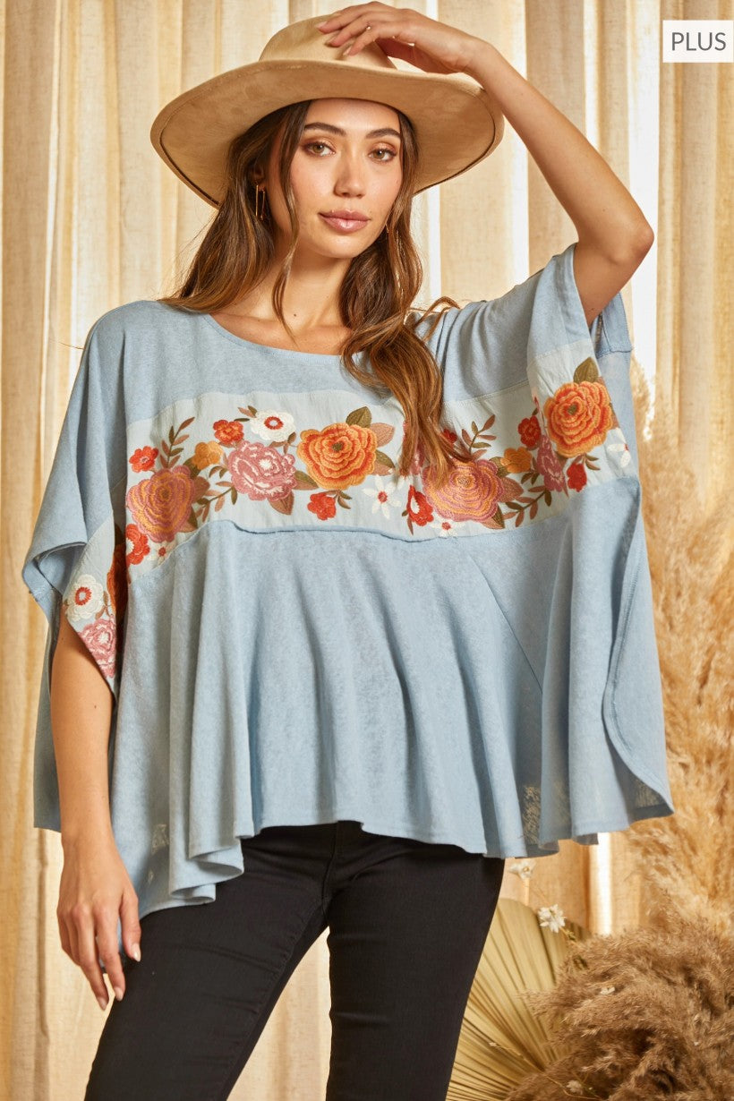 PLUS SIZE SAVANNA JANE EMBROIDERED KNIT PONCHO TOP in DUSTY BLUE