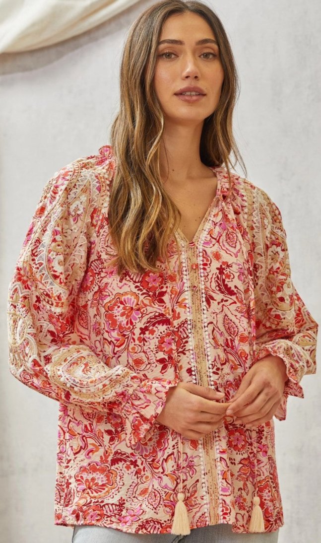 SAVANNA JANE EMBROIDERED BOHO-PRINT TOP