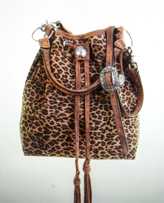 DOUBLE J SADDLERY CHEETAH TAN SUEDE DRAWSTRING MESSENGER TOTE