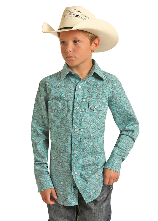 Panhandle Boys Long Sleeve Turquoise Print Shirt