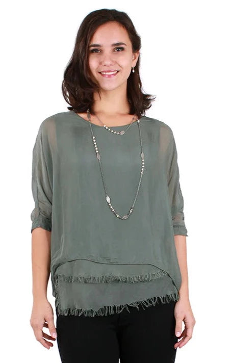 CARMELINA SILK KAFTAN ROUND NECK TOP in OLIVE