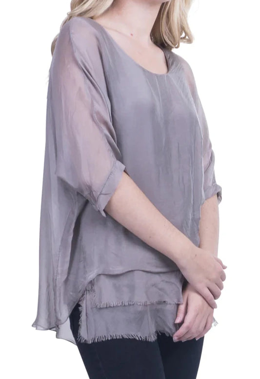 CARMELINA SILK KAFTAN ROUND NECK TOP in TAUPE