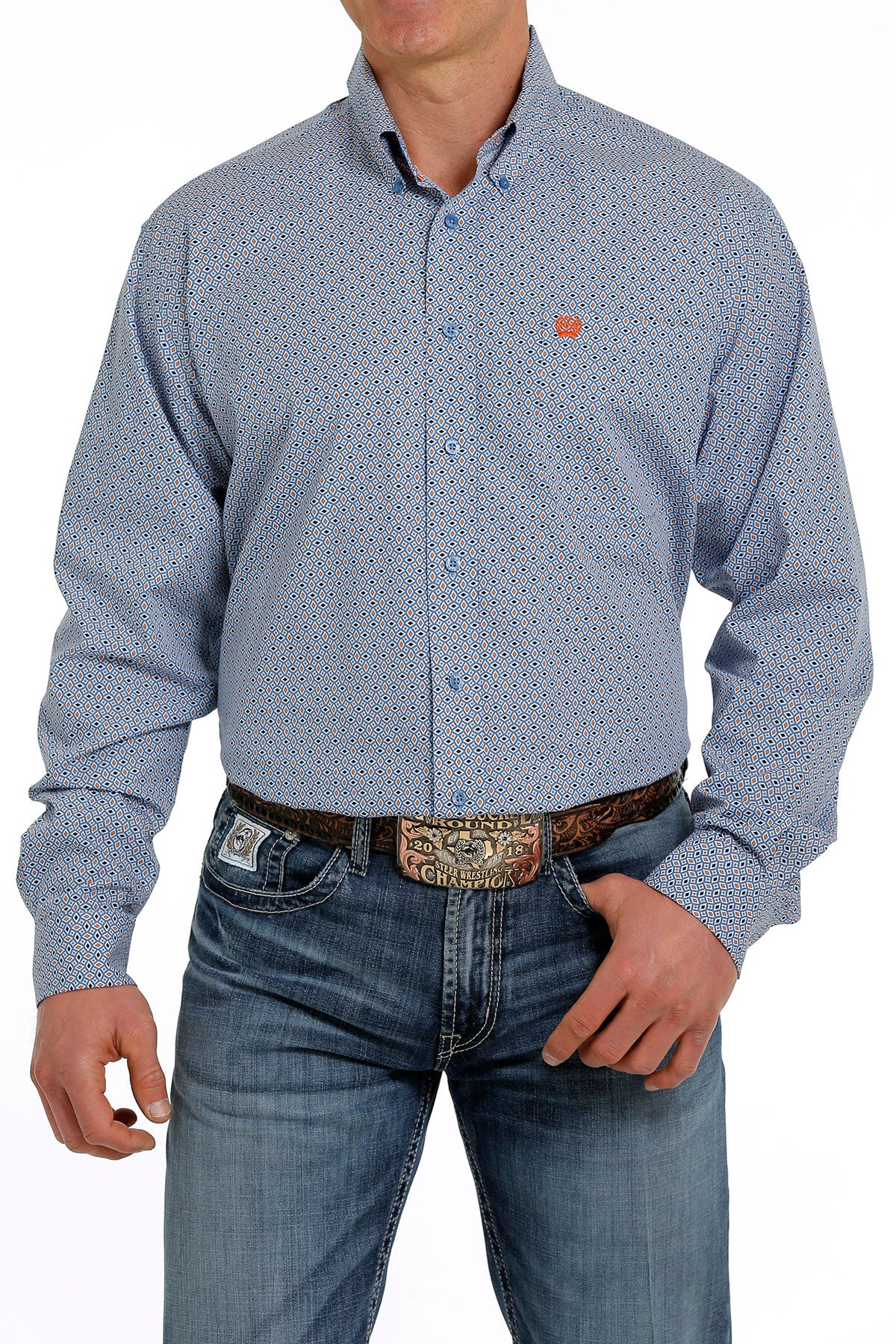 MEN'S GEOMETRIC PRINT BUTTON-DOWN WESTERN SHIRT - BLUE/WHITE/ORANGE