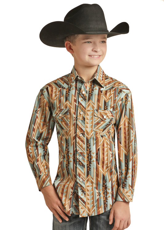 Rock & Roll Boy's Brown Long Sleeve Aztec Stripe Snap