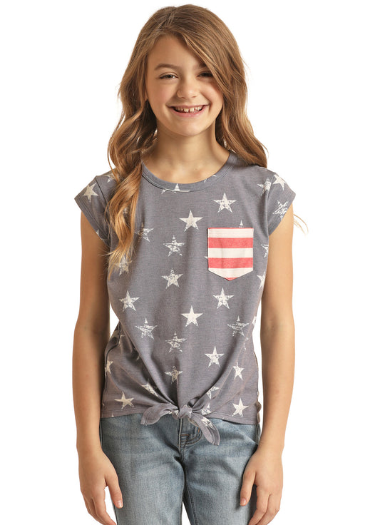 ROCK & ROLL DENIM GIRLS' AMERICANA STAR & STRIPES TIE FRONT GRAPHIC TEE