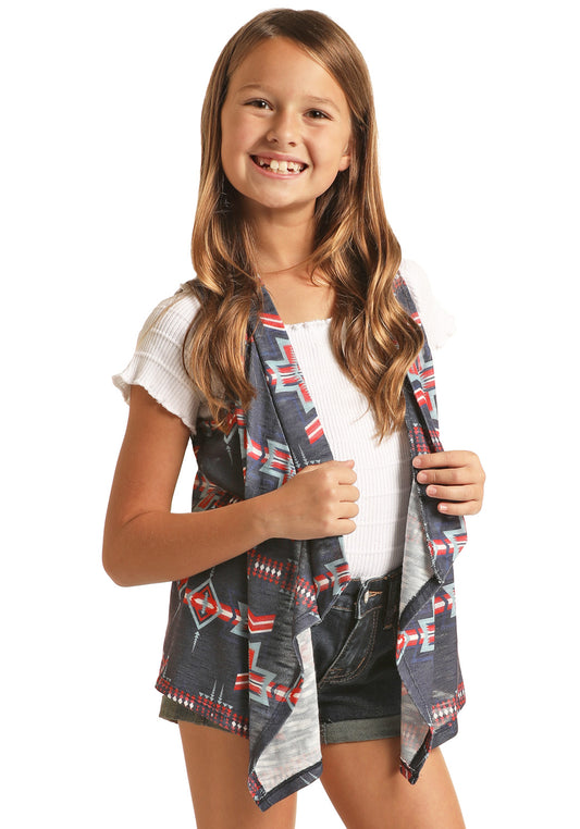 ROCK & ROLL DENIM GIRL'S AZTEC VEST - NAVY