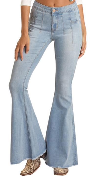 Rock & Roll Cowgirl Ladies Pull-on Button Bell Stretch Jean - Light Wash