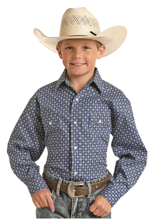 Panhandle Rough Stock Boy's Blue Geo Long Sleeve Snap Shirt